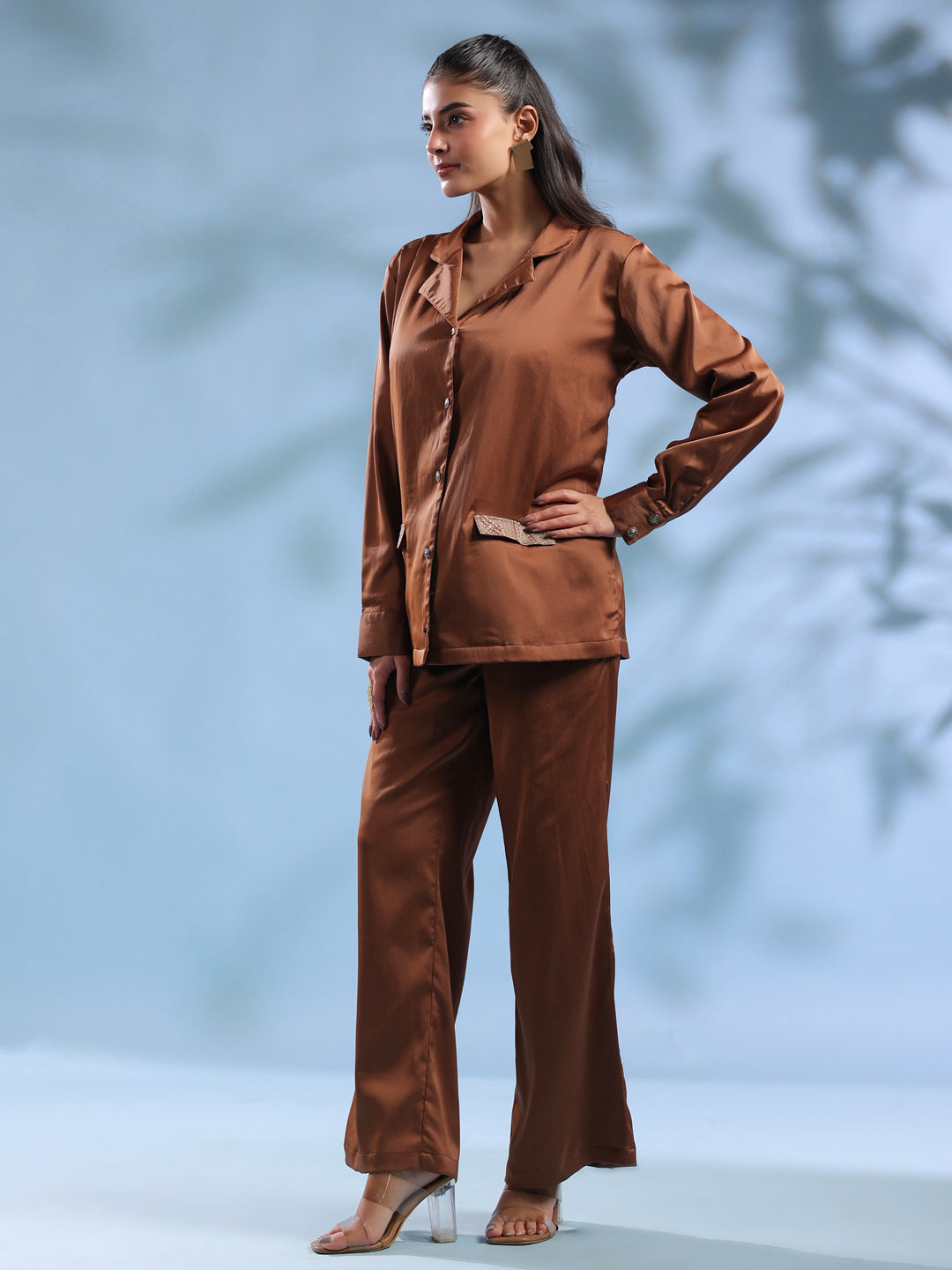 Rust Solid Shirt Collar Polyester Co-ord set for Women