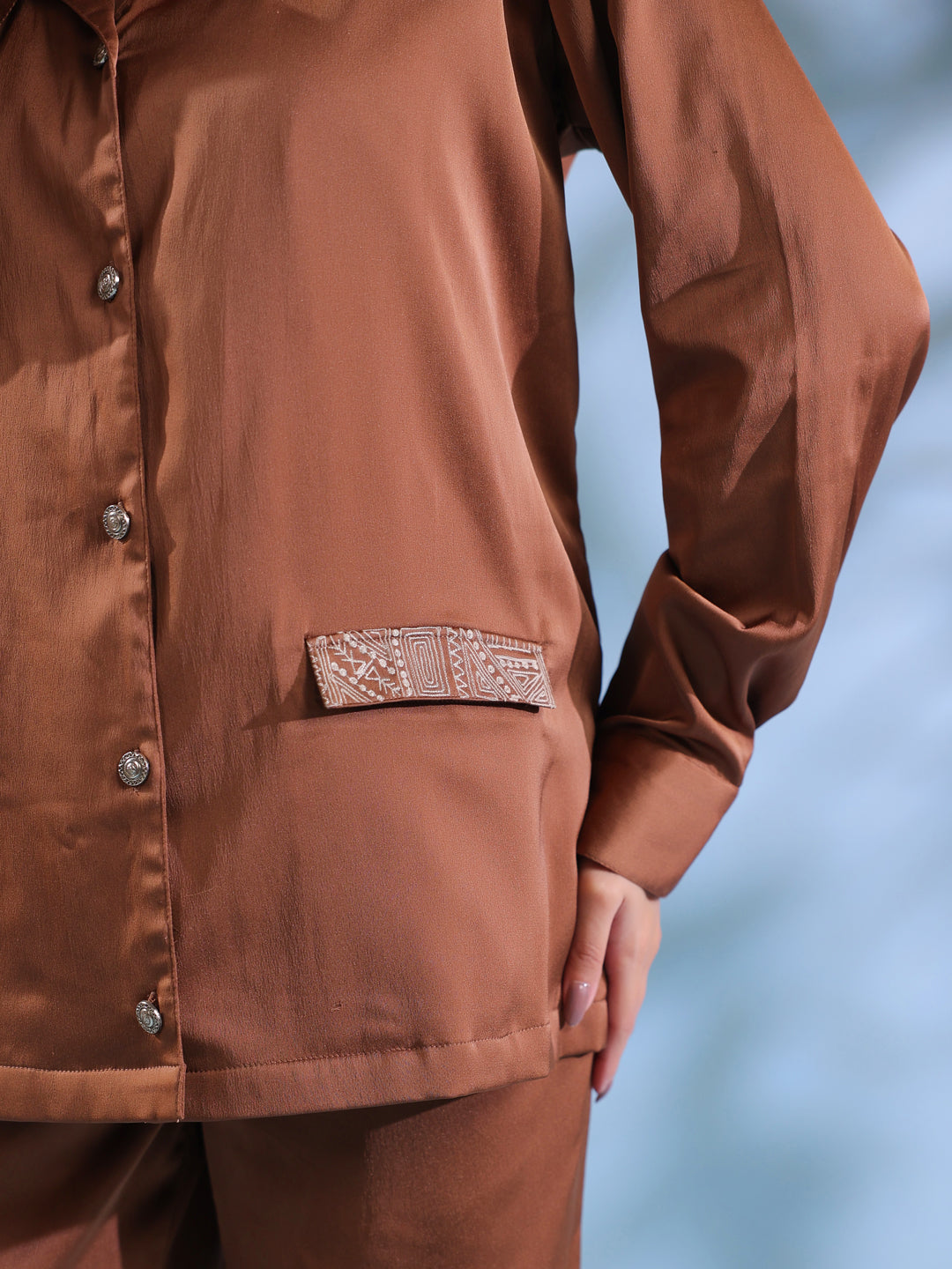 Rust Solid Shirt Collar Polyester Co-ord set for Women