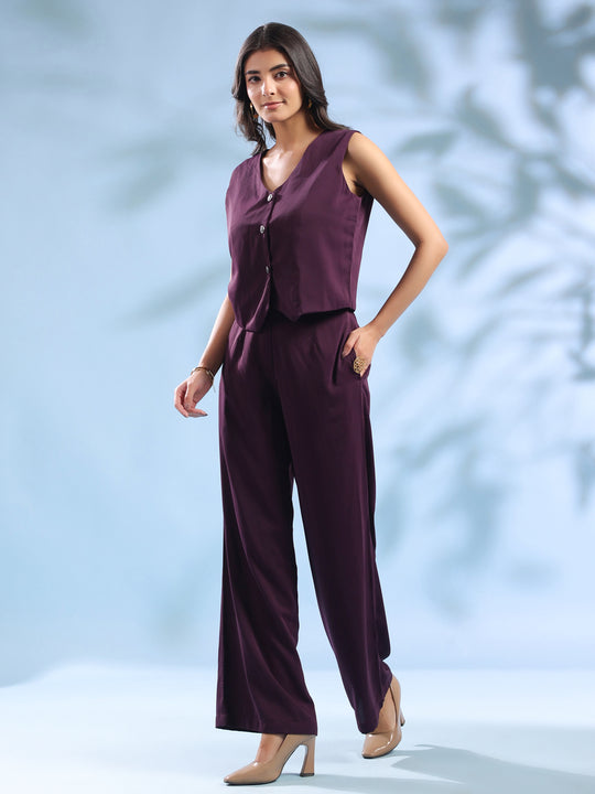 Purple Solid Shirt Collar Polyester Co-ord Set for Women