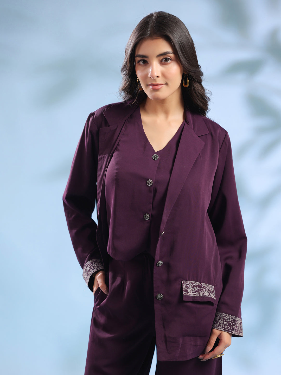 Purple Solid Shirt Collar Polyester Co-ord Set for Women