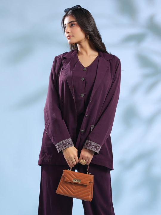 Purple Solid Shirt Collar Polyester Co-ord Set for Women