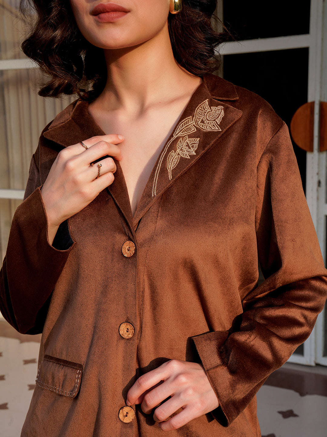 Brown Viscose Velvet Solid Shirt Collar Co-ords Set for Women
