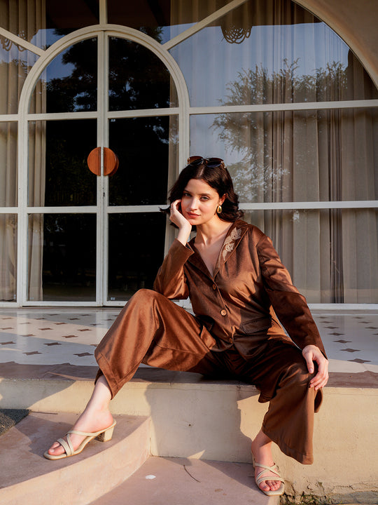 Brown Viscose Velvet Solid Shirt Collar Co-ords Set for Women