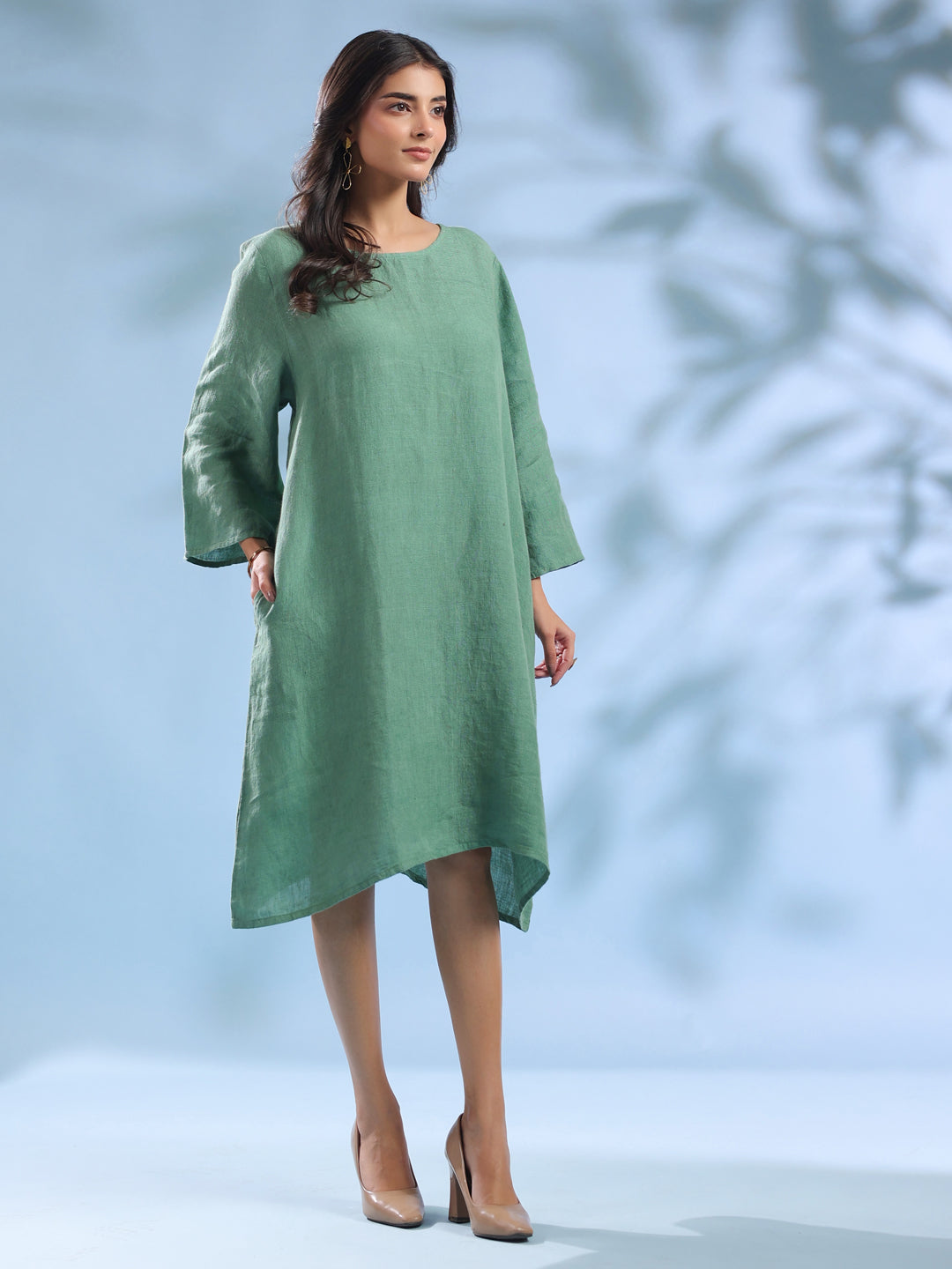 Green Solid Linen Round Neck Dress for Women