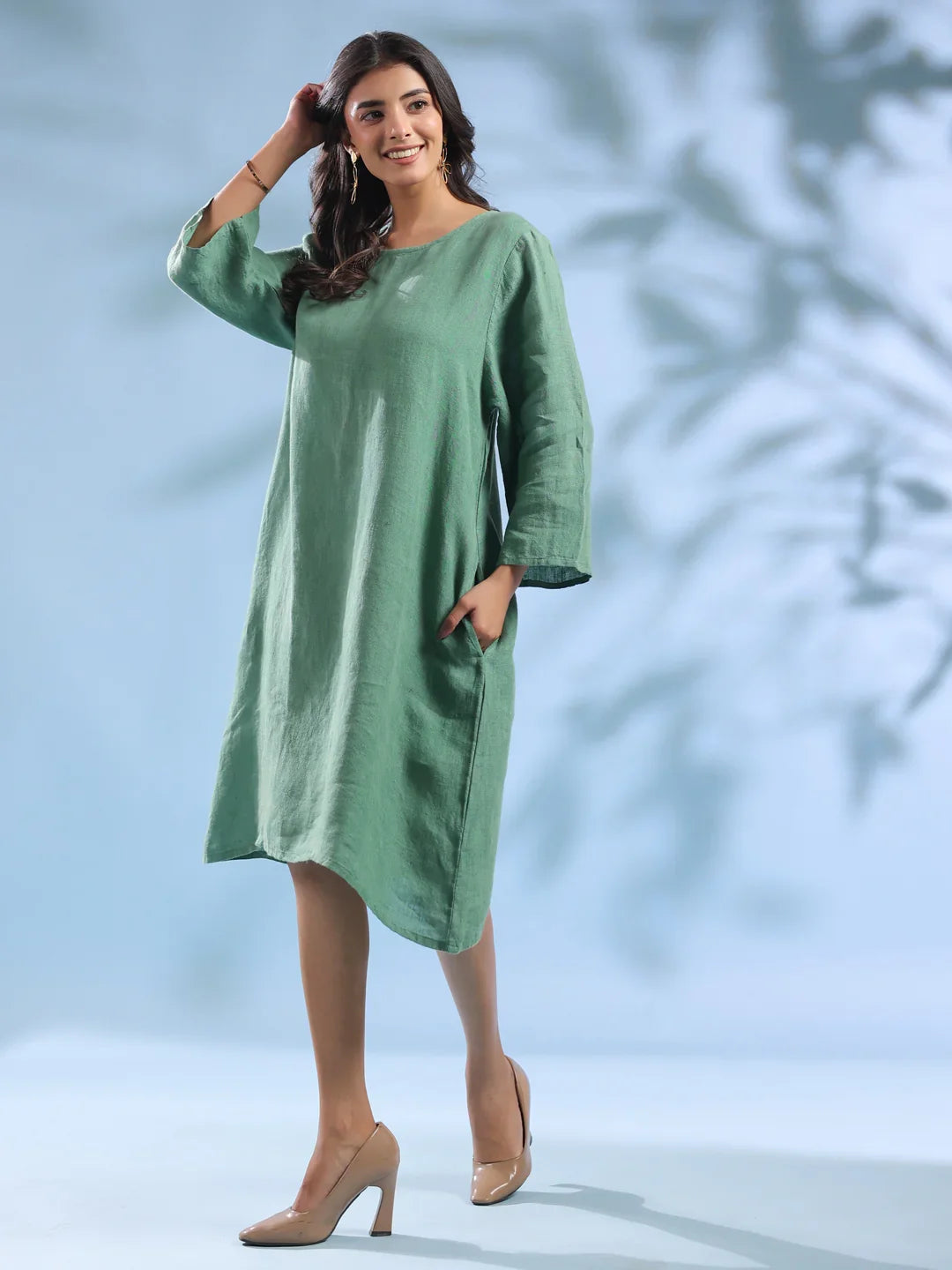 Buy Green Solid Linen Round Neck Dress For Women Online @ Best Price Buy Green Solid Linen Round Neck Dress For Women Online @ Best Price