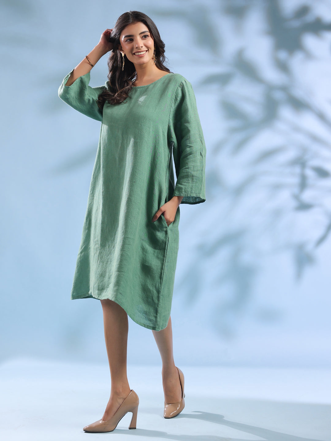 Green Solid Linen Round Neck Dress for Women