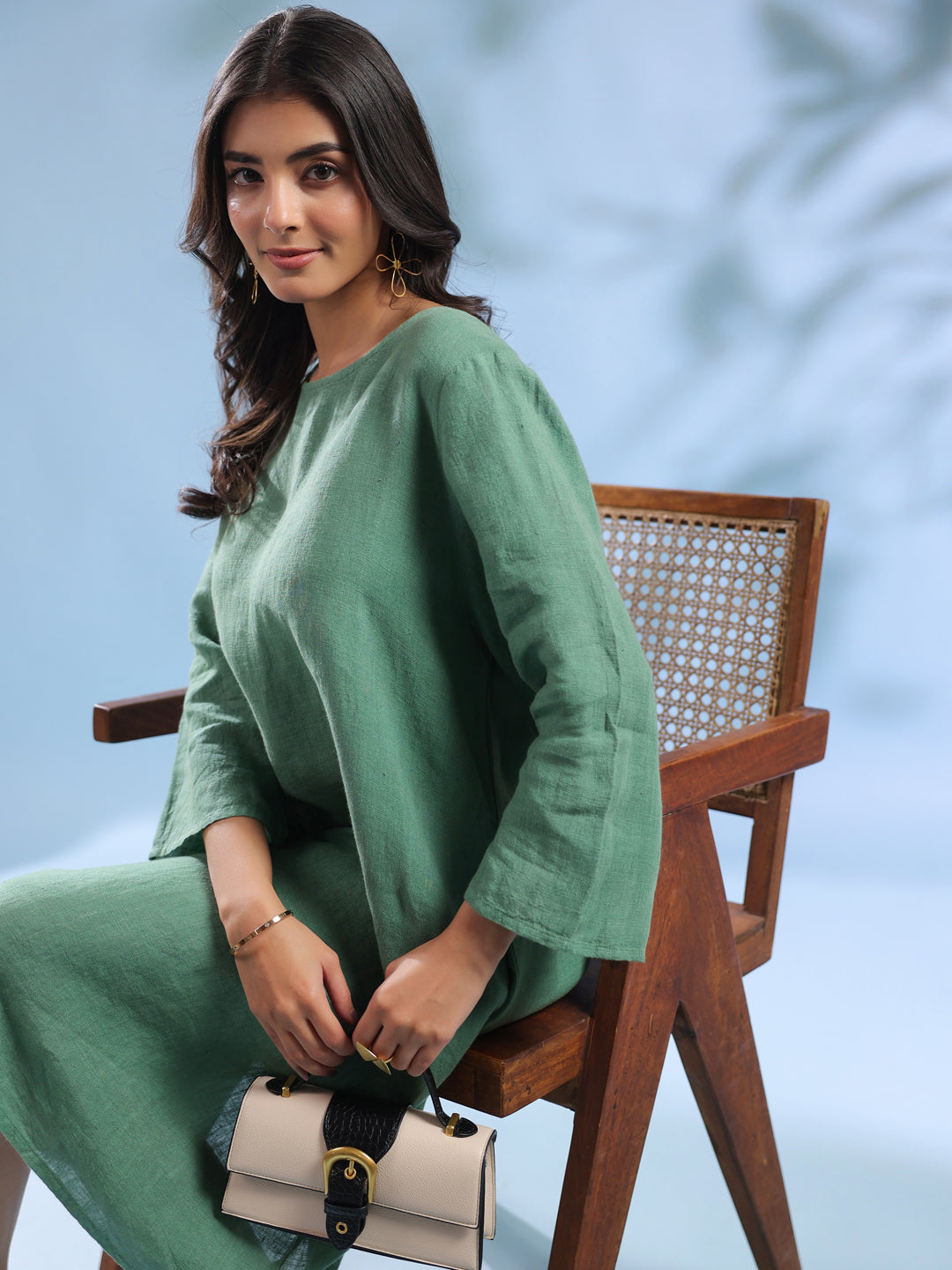 Green Solid Linen Round Neck Dress for Women