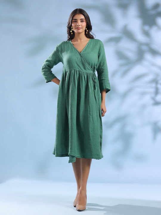 Green Solid Linen V-Neck Dress for Women