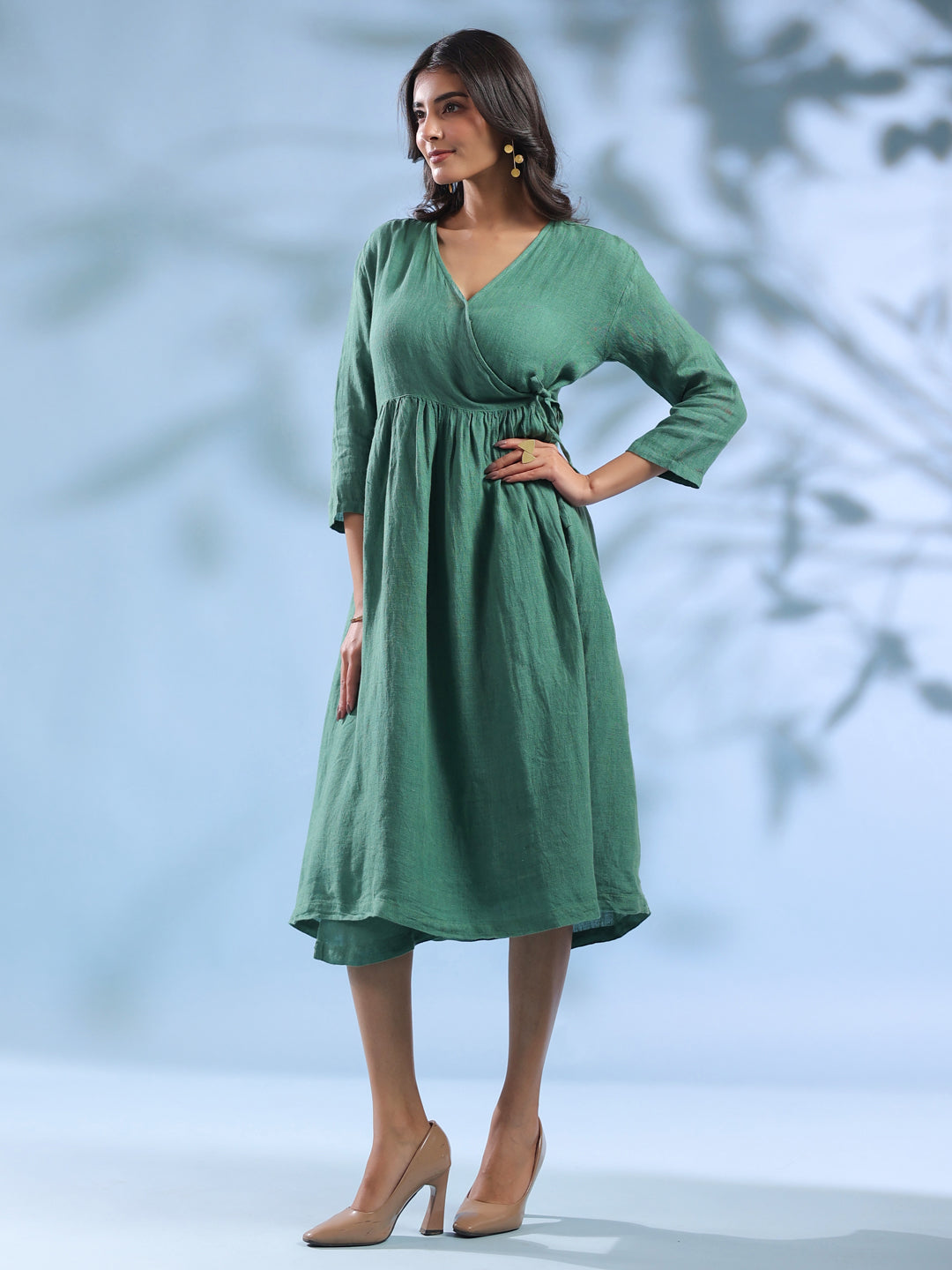 Green Solid Linen V-Neck Dress for Women