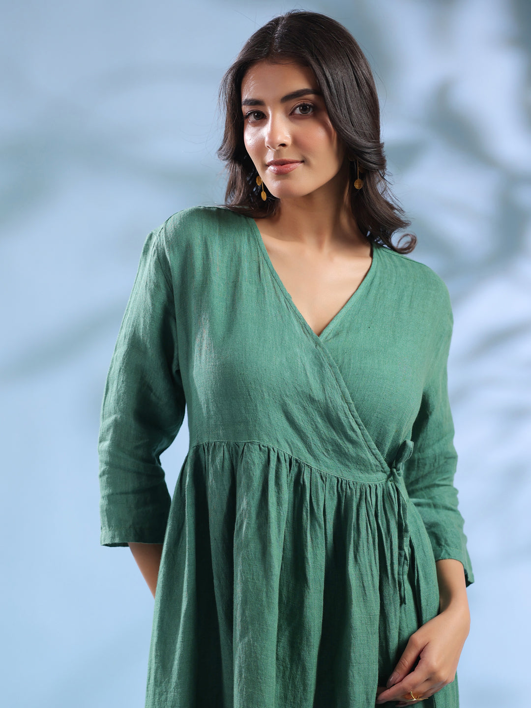 Green Solid Linen V-Neck Dress for Women