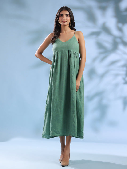 Green Dyed Linen V-Neck Dresses for Women