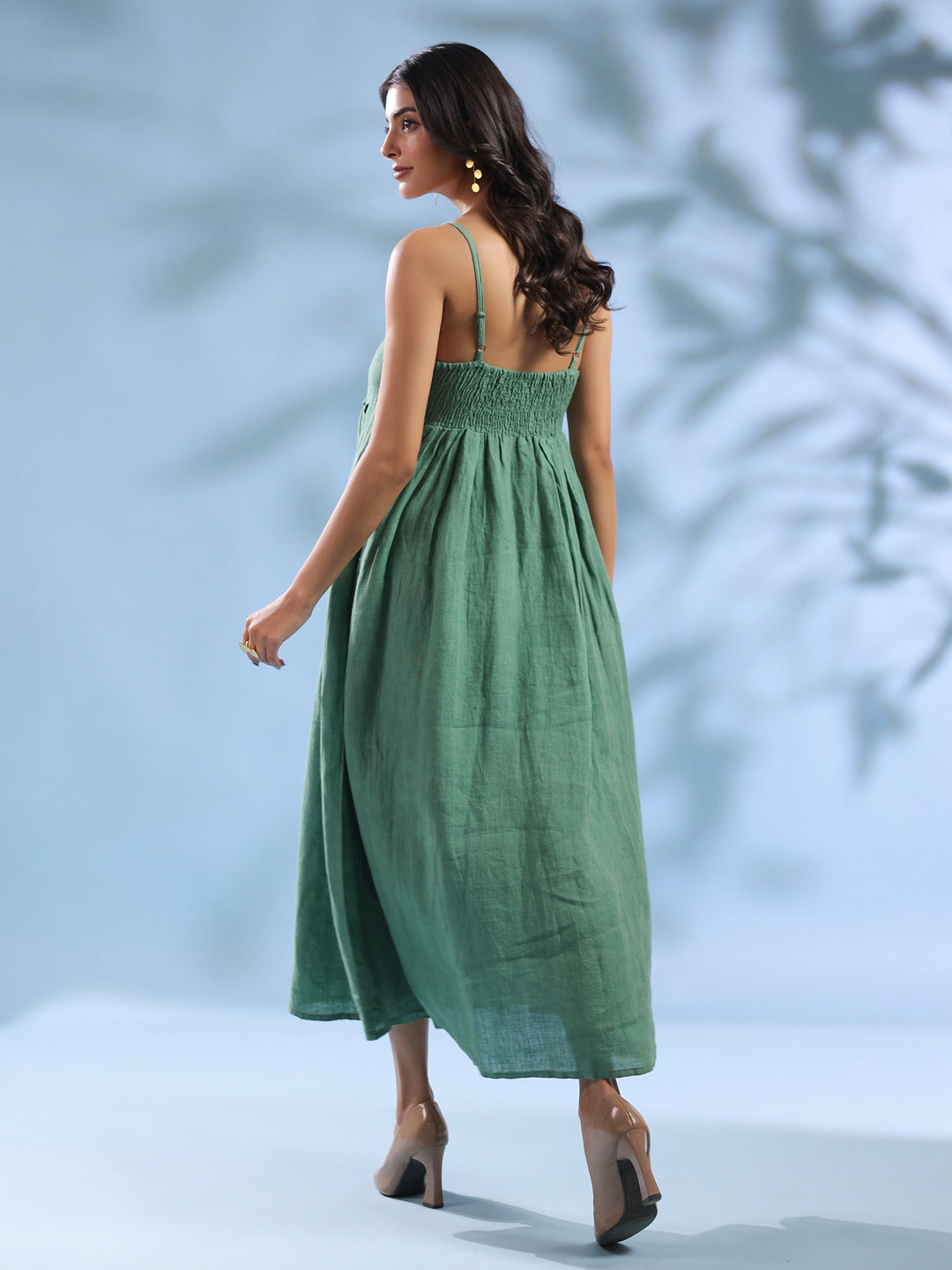 Green Dyed Linen V-Neck Dresses for Women