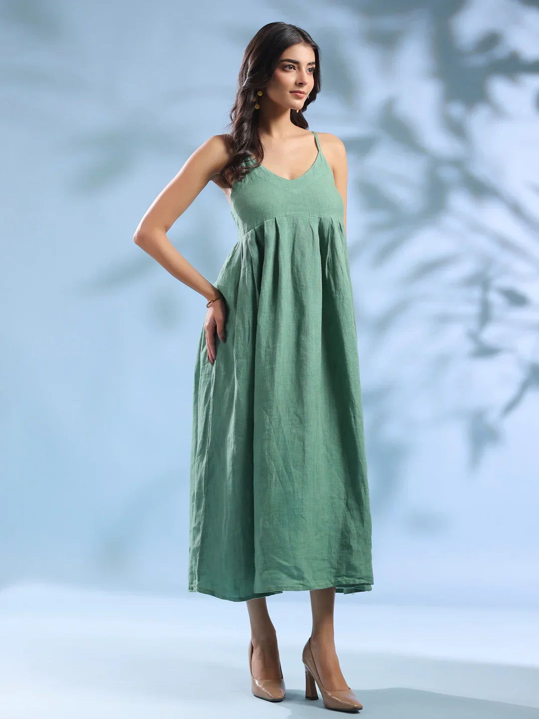 Buy Green Dyed Linen V-Neck Dresses For Women Online @ Best Price