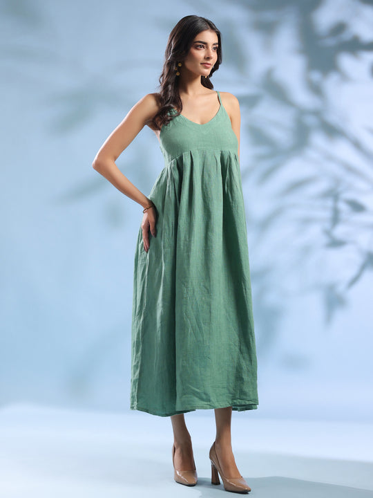 Green Dyed Linen V-Neck Dresses for Women