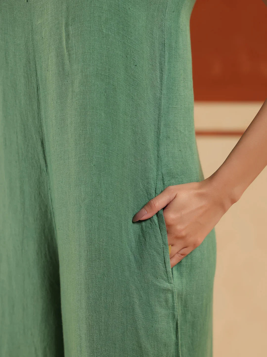 Green Solid Linen V-Neck Jumpsuit For Women