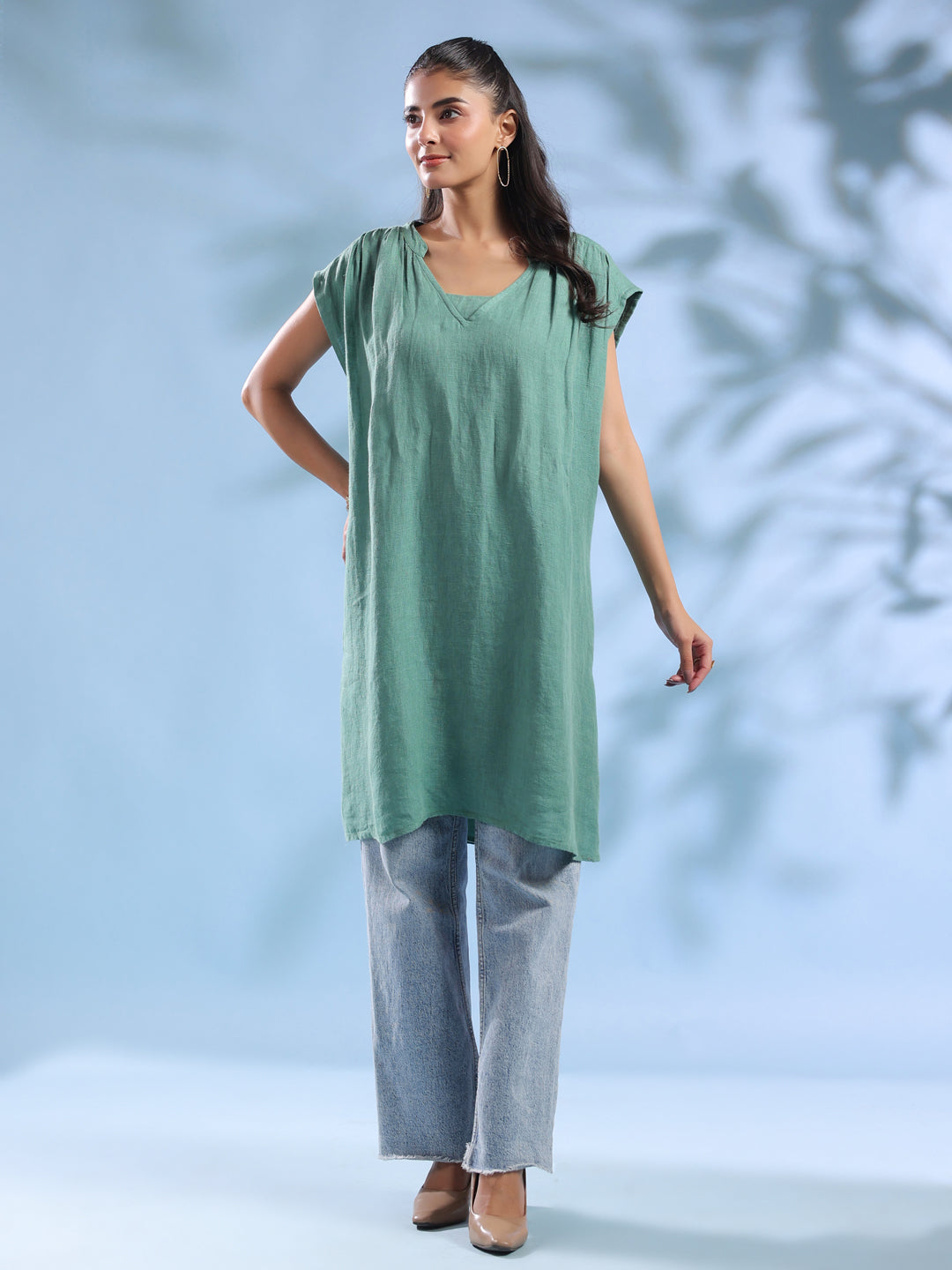 Green Solid Print Linen V-Neck Dresses for Women