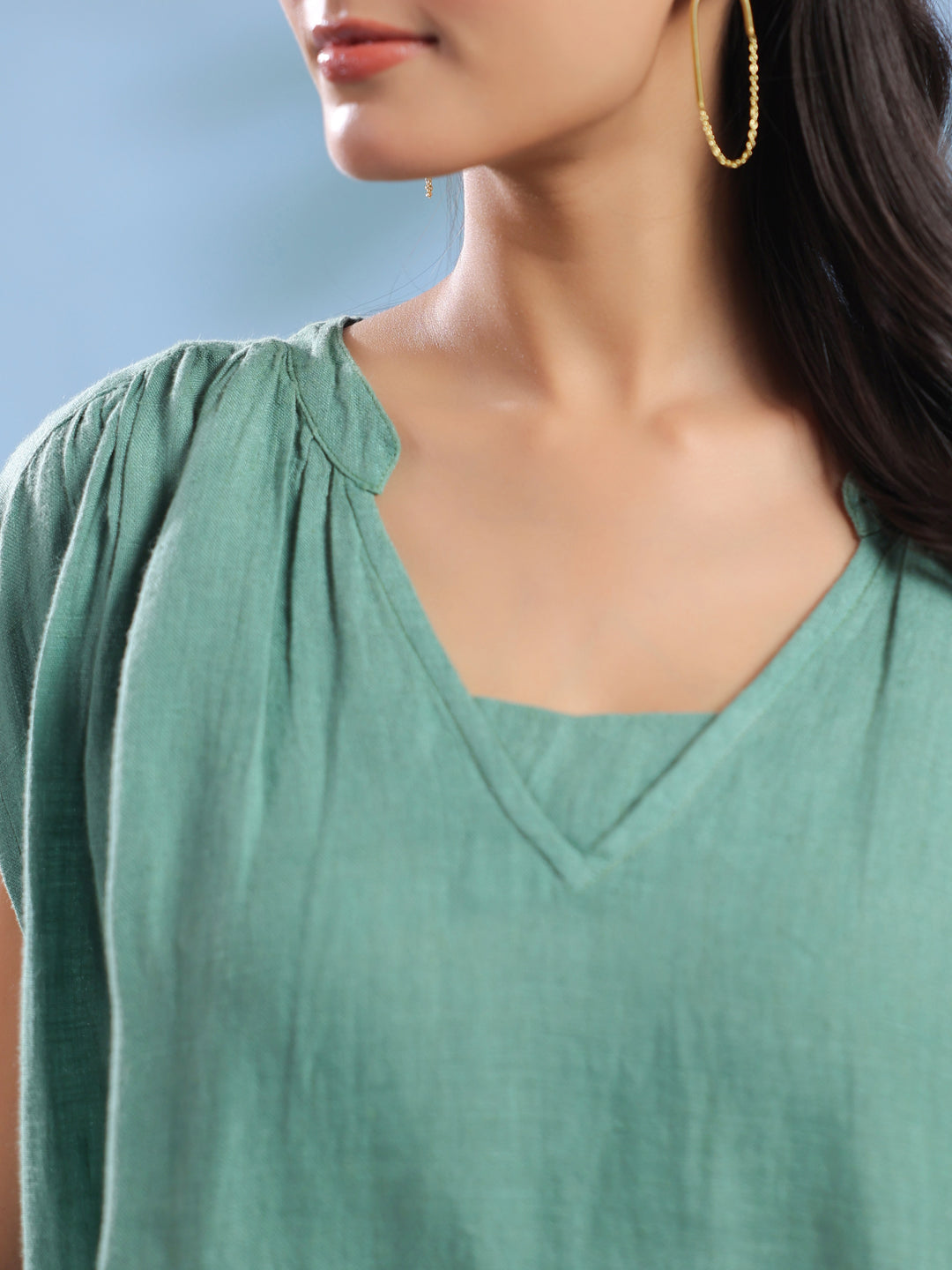 Green Solid Print Linen V-Neck Dresses for Women