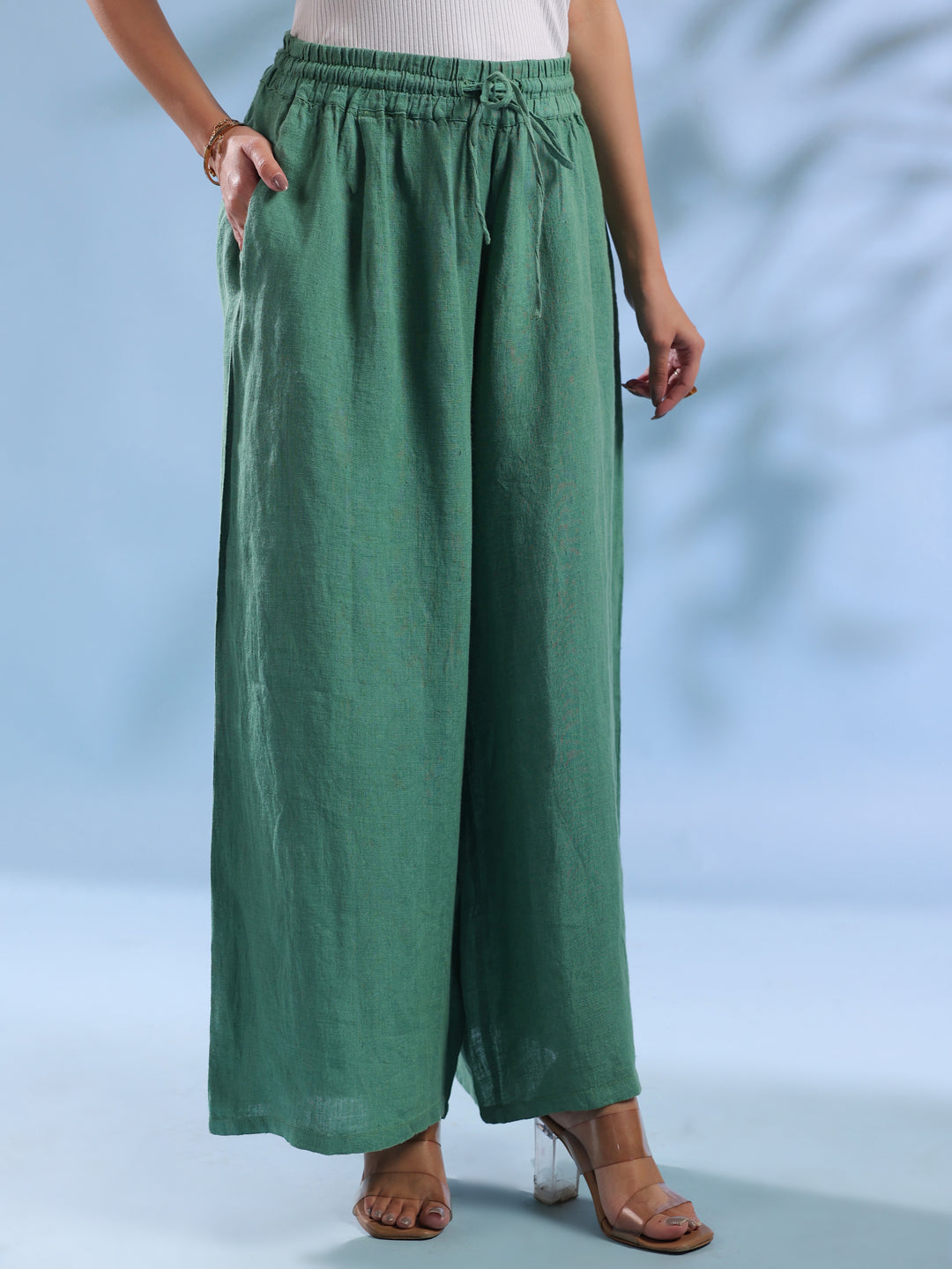 Green Solid Drawstring Linen Lounge Pants for Women