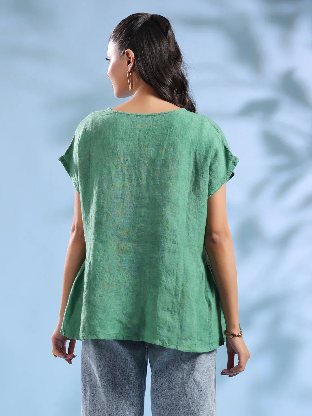 Green Solid Linen Round Neck Top For Women