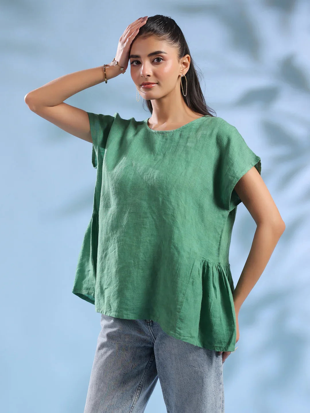 Green Solid Linen Round Neck Top For Women