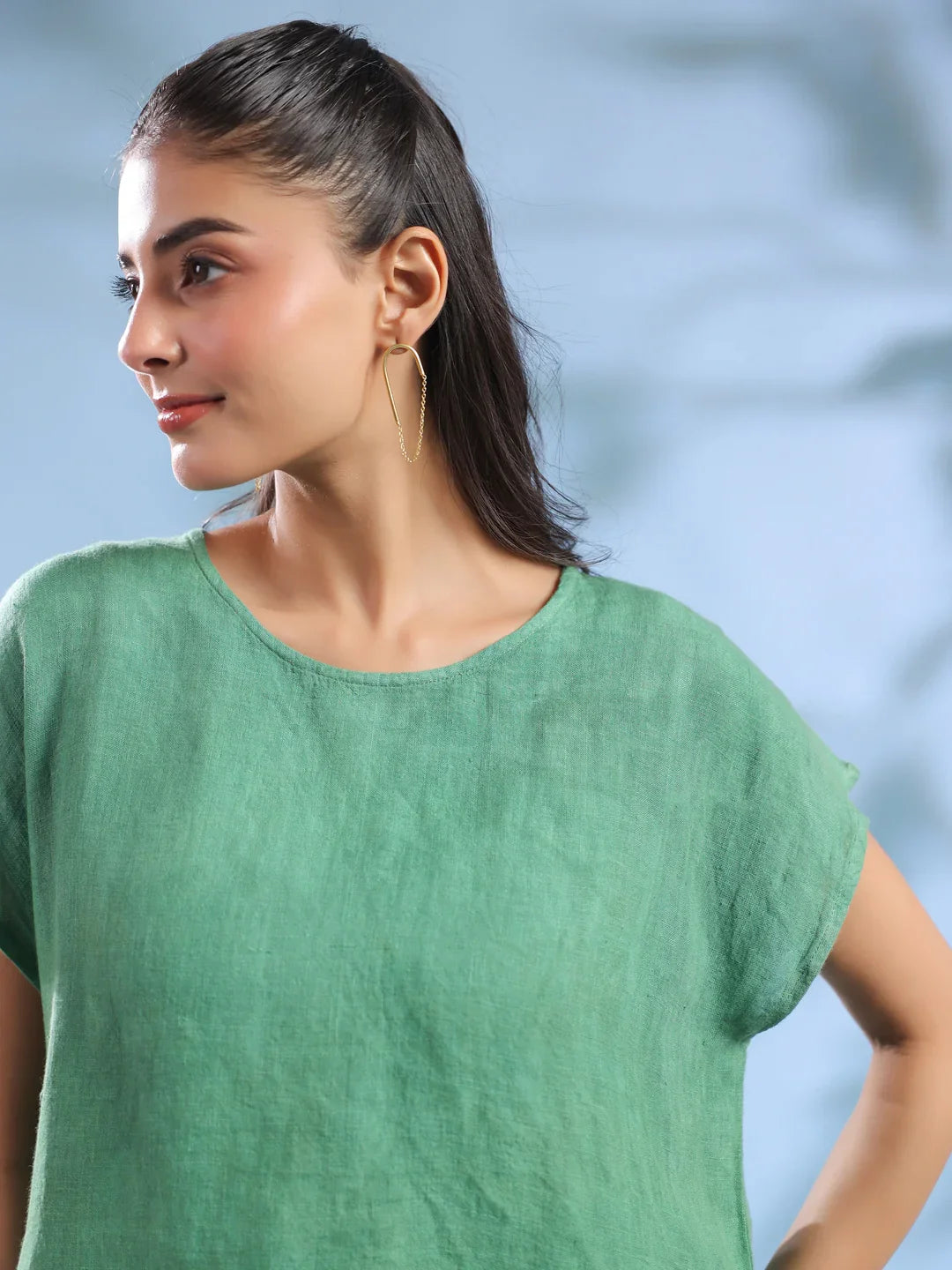 Green Solid Linen Round Neck Top For Women