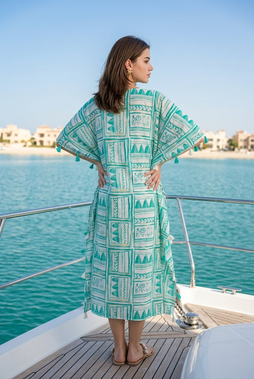 Sea Green Coastal Graphic Print V-Neck Kaftan Dress For Women