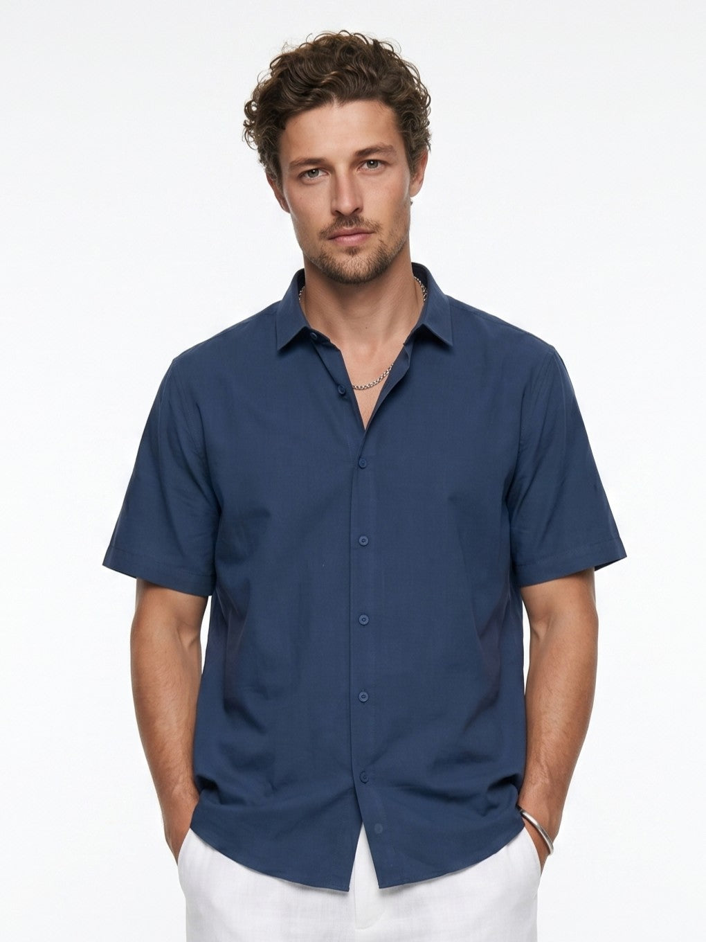 Blue Solid Band Collar Casual Cotton Shirt For Men