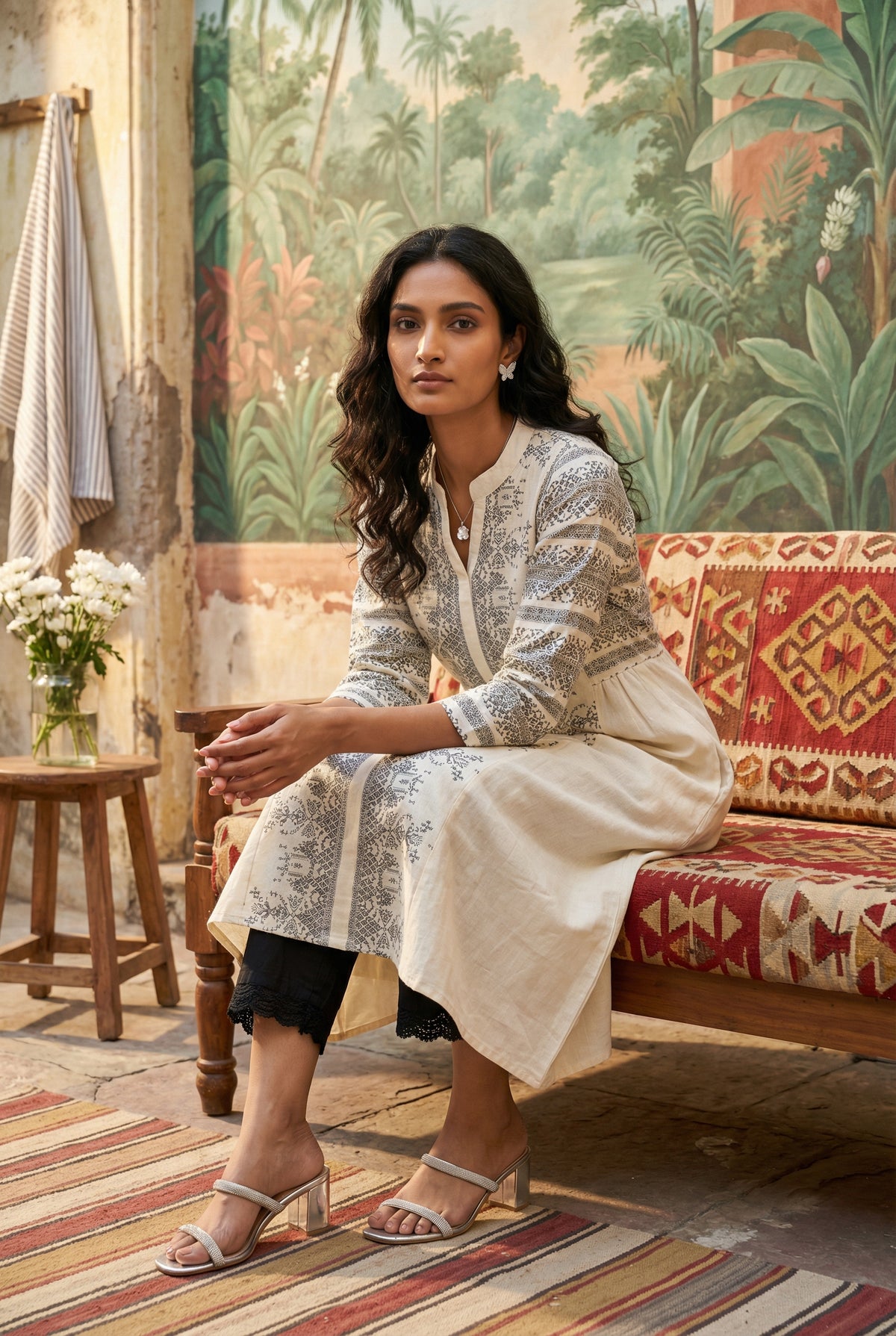 Off White Abstract Print Mandarin Collar Pure Cotton Kurta Set For Women