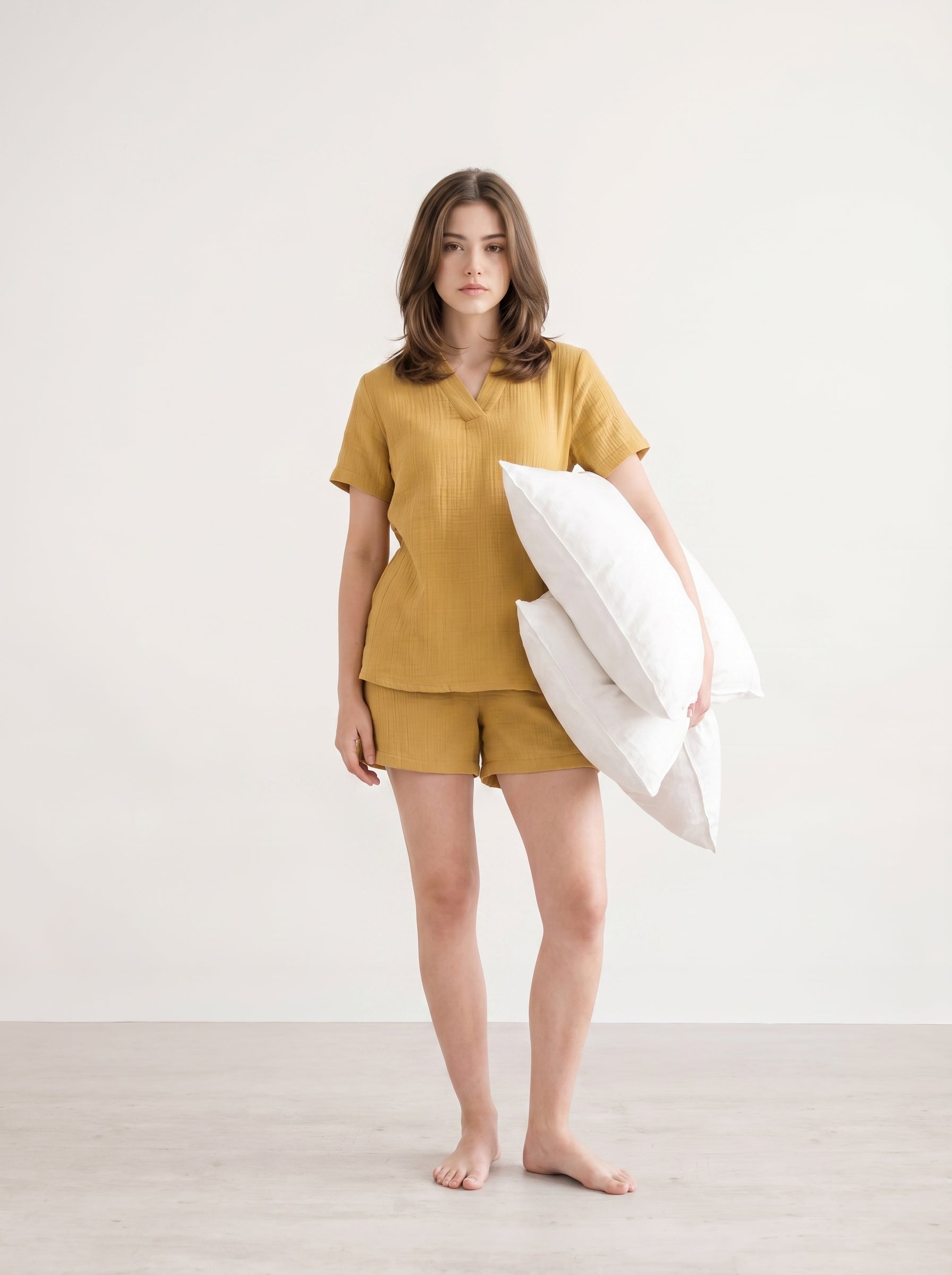 Yellow V-Neck Solid Pure Cotton Lounge set For Women
