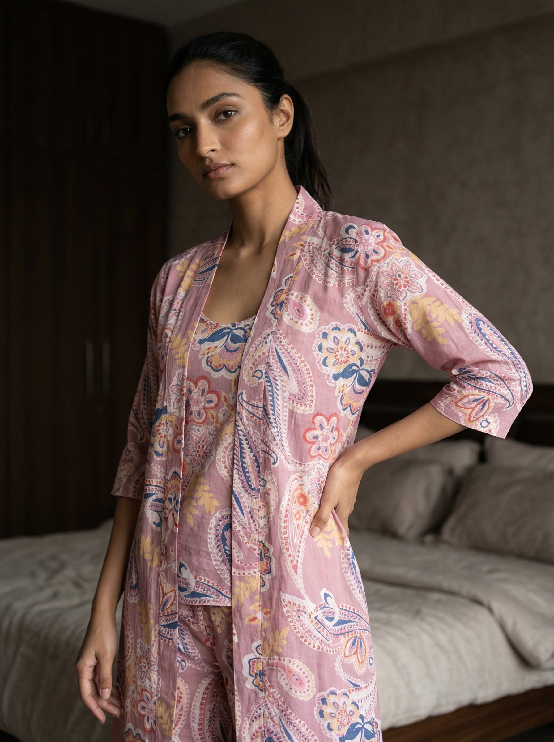 Pink Paisley Round Neck Cotton Night Suit Set For Women