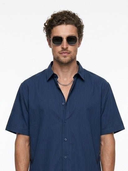 Blue Solid Band Collar Casual Cotton Shirt For Men