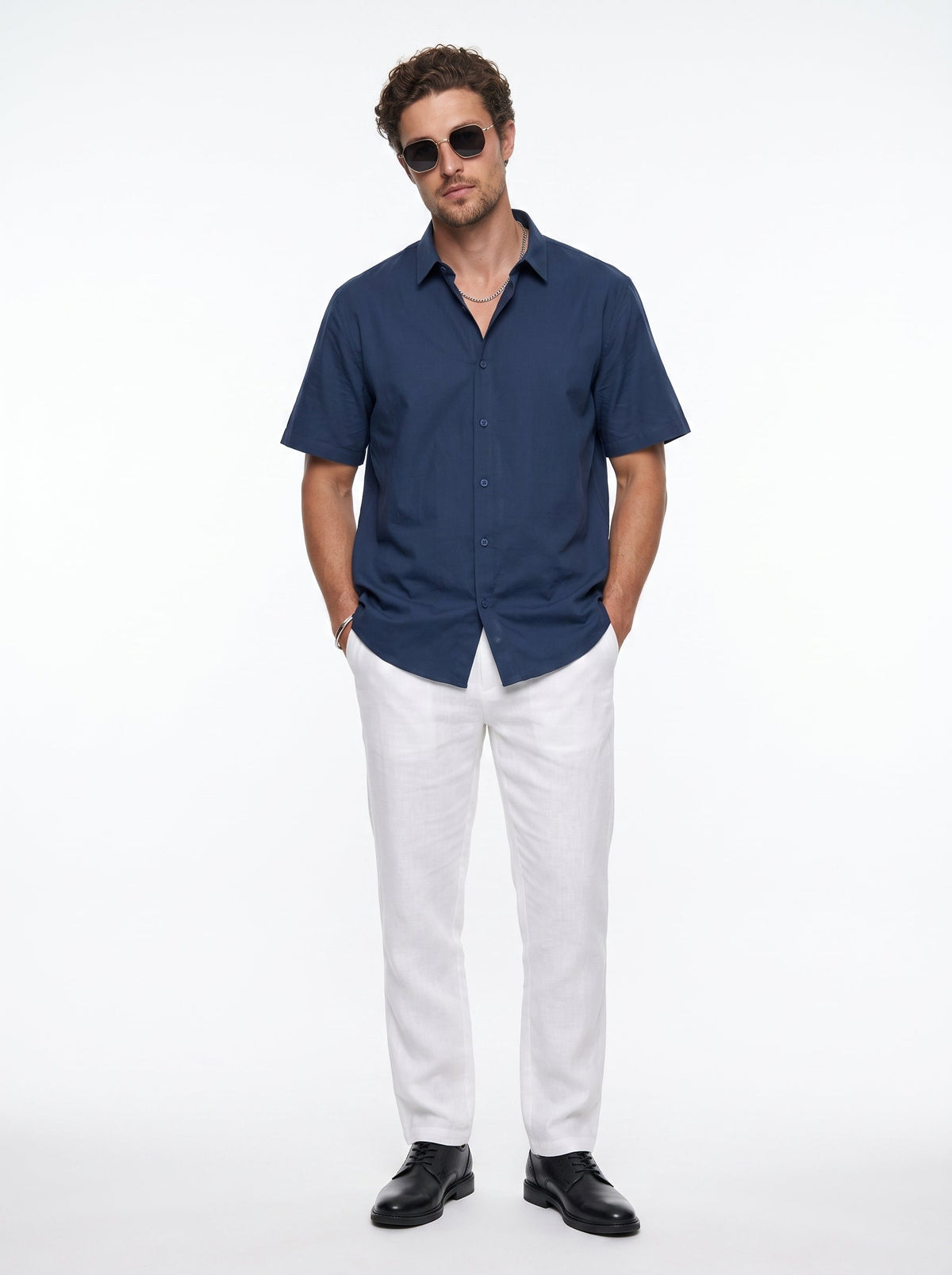 Blue Solid Band Collar Casual Cotton Shirt For Men