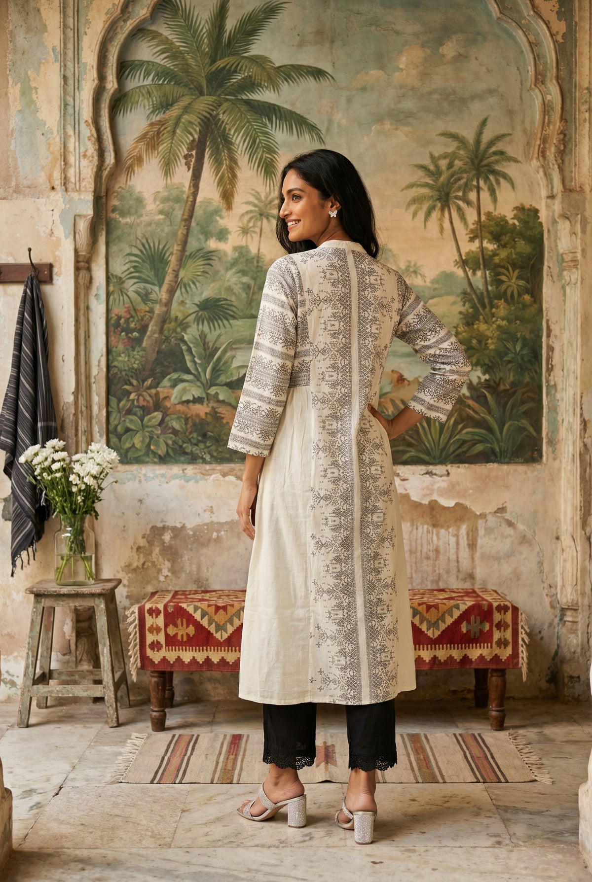 Off White Abstract Print Mandarin Collar Pure Cotton Kurta Set For Women