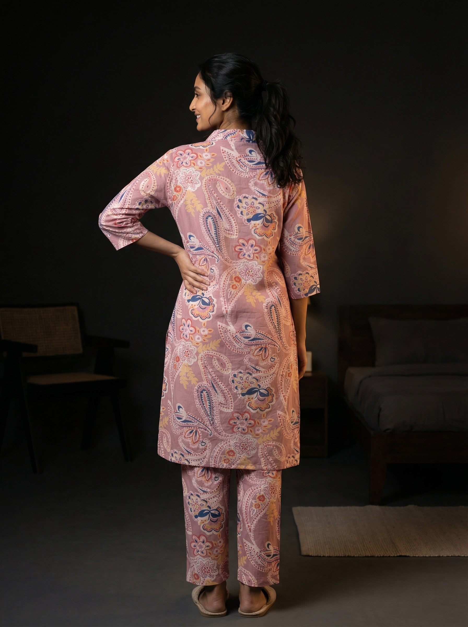 Pink Paisley Round Neck Cotton Night Suit Set For Women