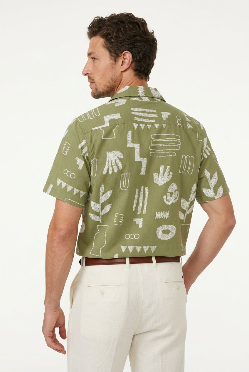 Green Abstract Print Spread Collar Cotton Casual Shirt For Men
