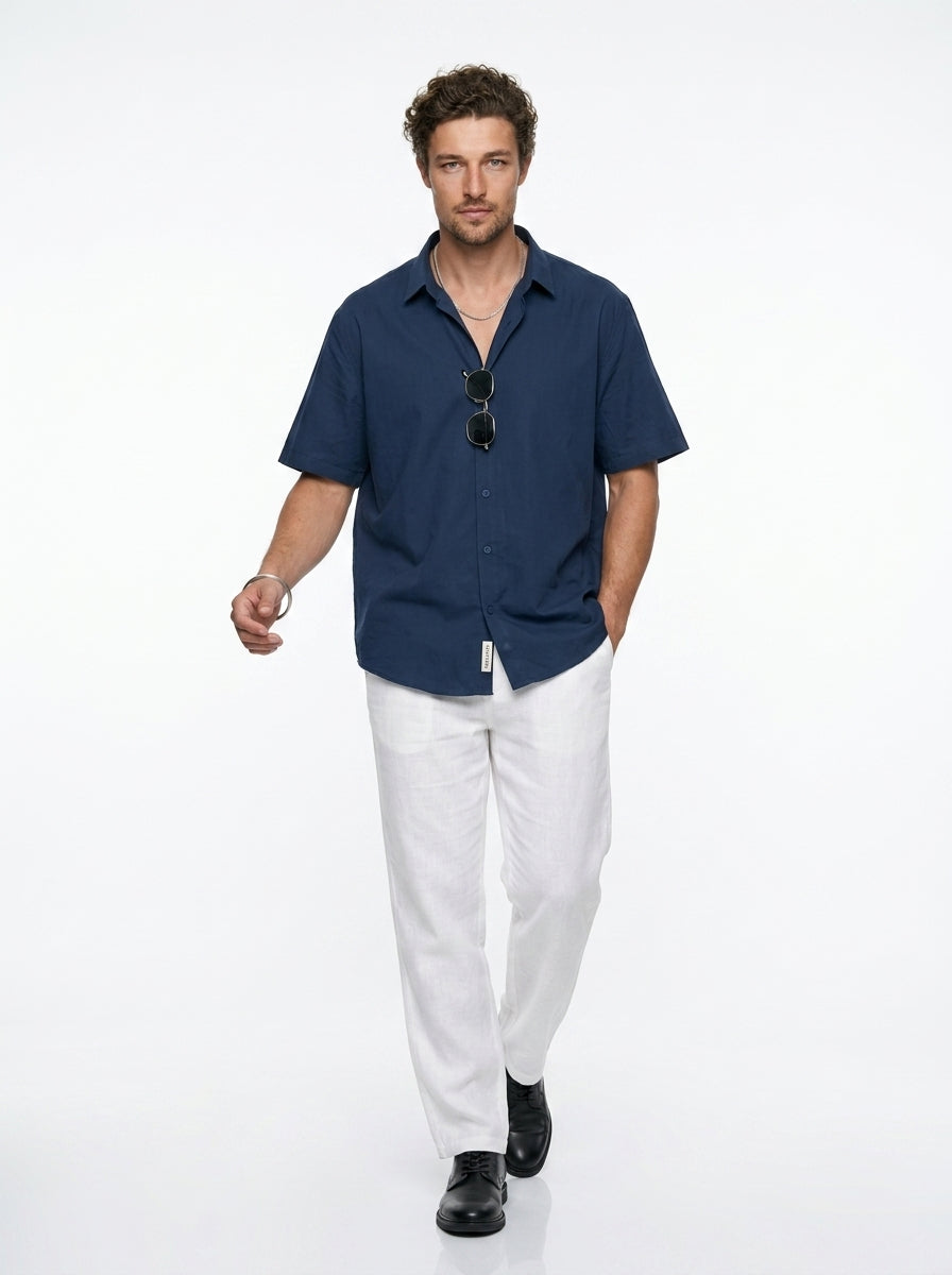 Blue Solid Band Collar Casual Cotton Shirt For Men