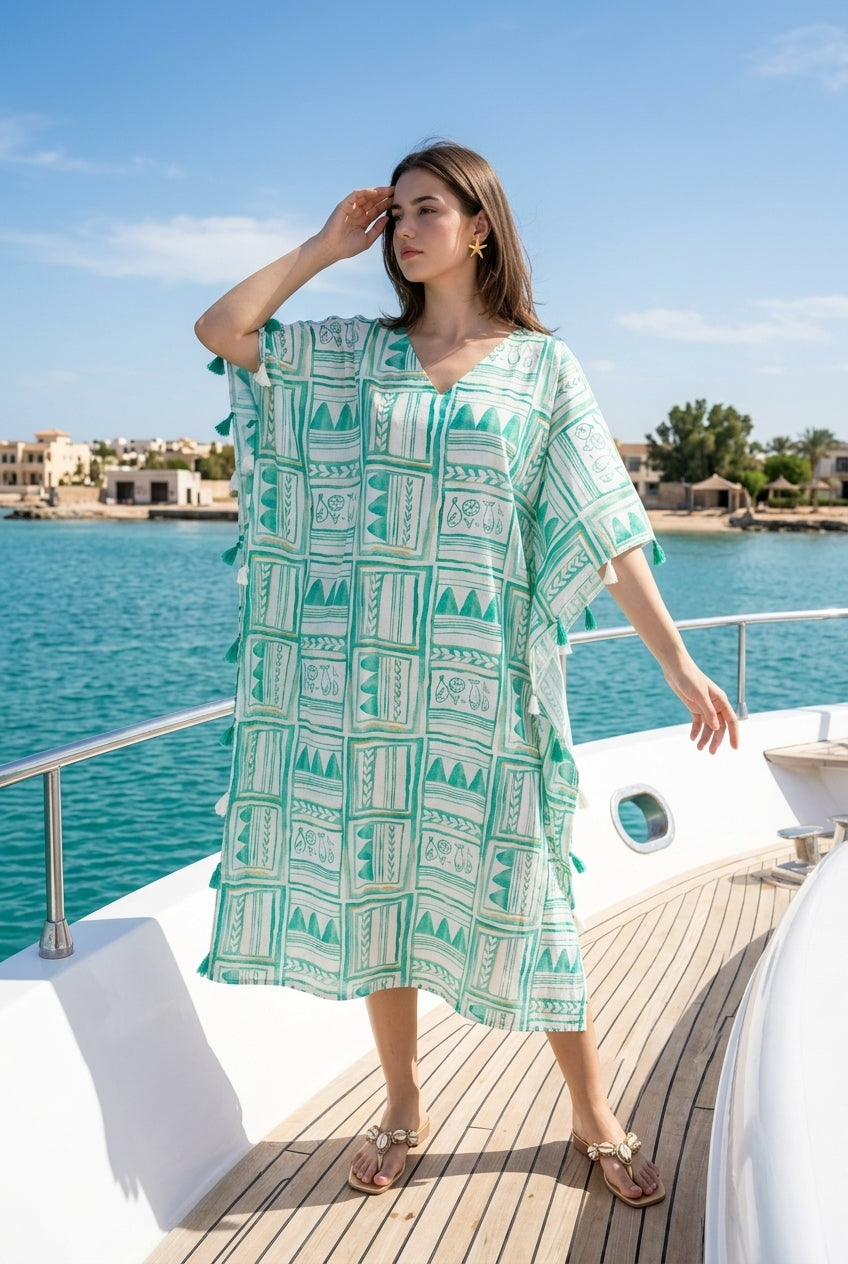 Sea Green Coastal Graphic Print V-Neck Kaftan Dress For Women