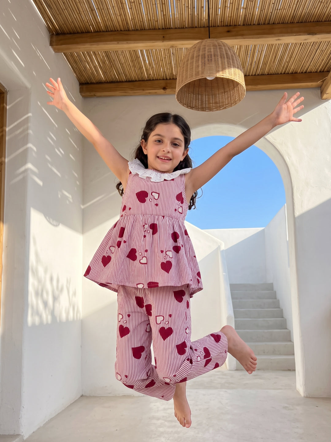 Red Round Neck Stripes Print Cotton Blend Night Suit For Kids