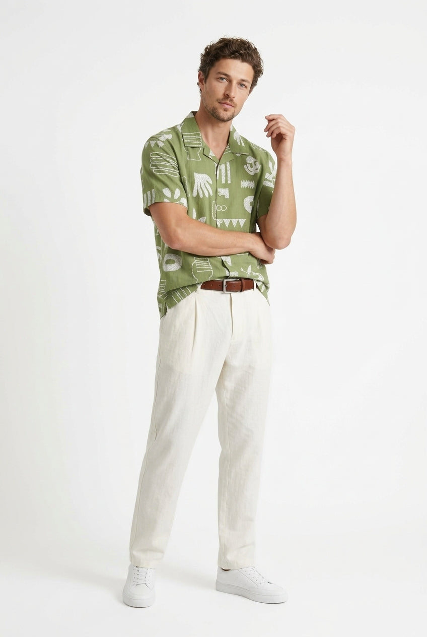 Green Abstract Print Spread Collar Cotton Casual Shirt For Men
