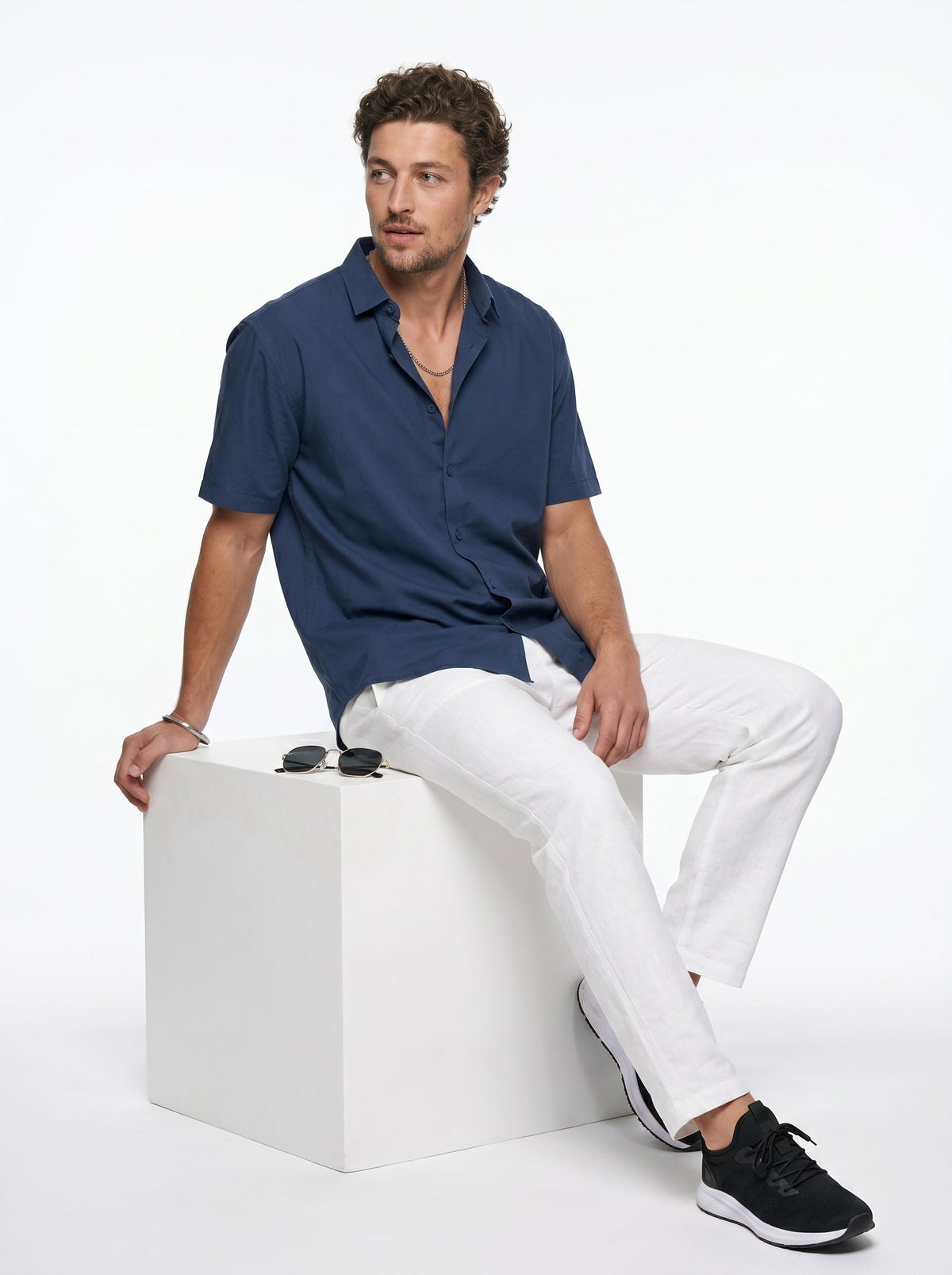 Blue Solid Band Collar Casual Cotton Shirt For Men