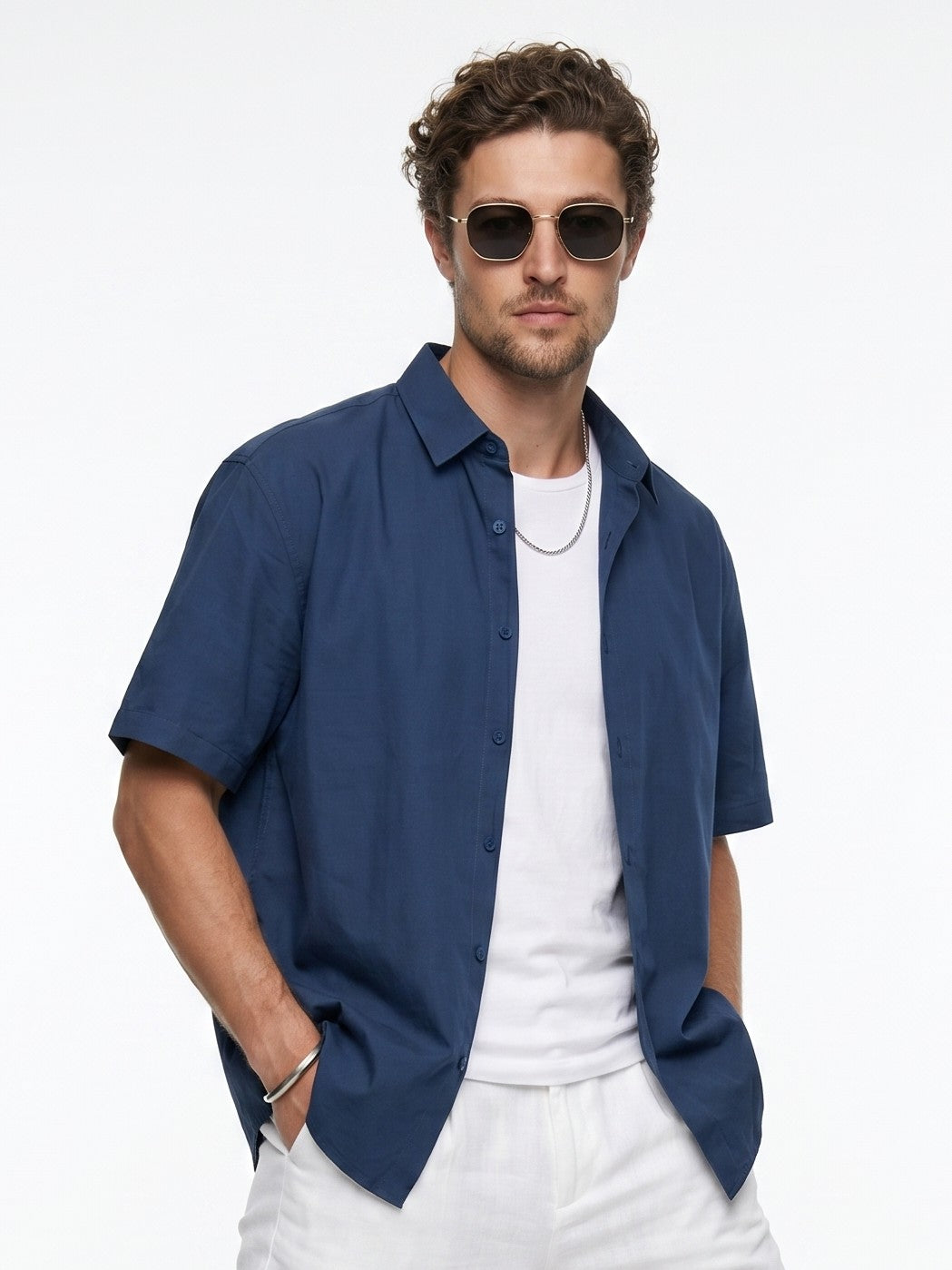 Blue Solid Band Collar Casual Cotton Shirt For Men