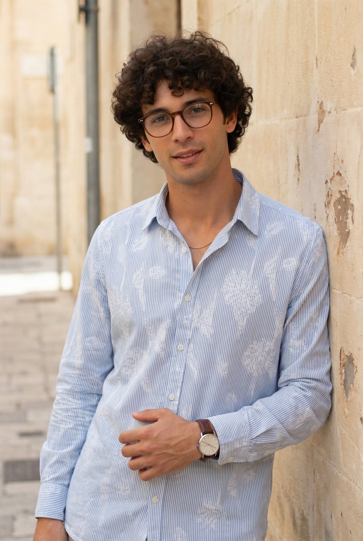 Blue Stripes Floral Print Handloom Cotton Spread Collar Shirt For Men