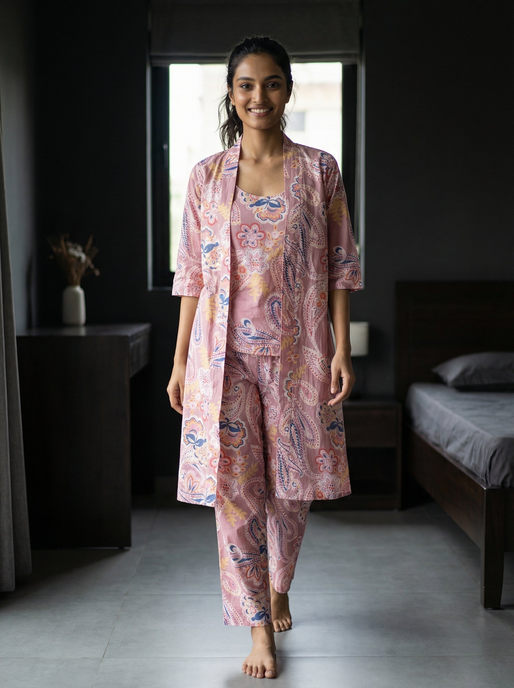 Pink Paisley Round Neck Cotton Night Suit Set For Women