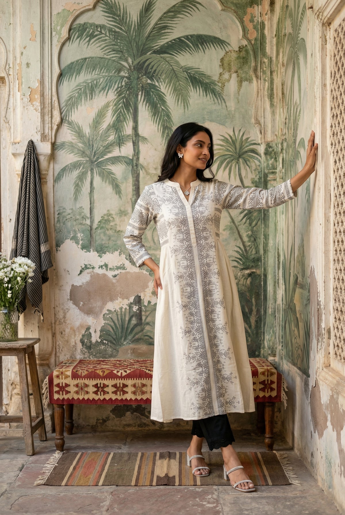 Off White Abstract Print Mandarin Collar Pure Cotton Kurta Set For Women