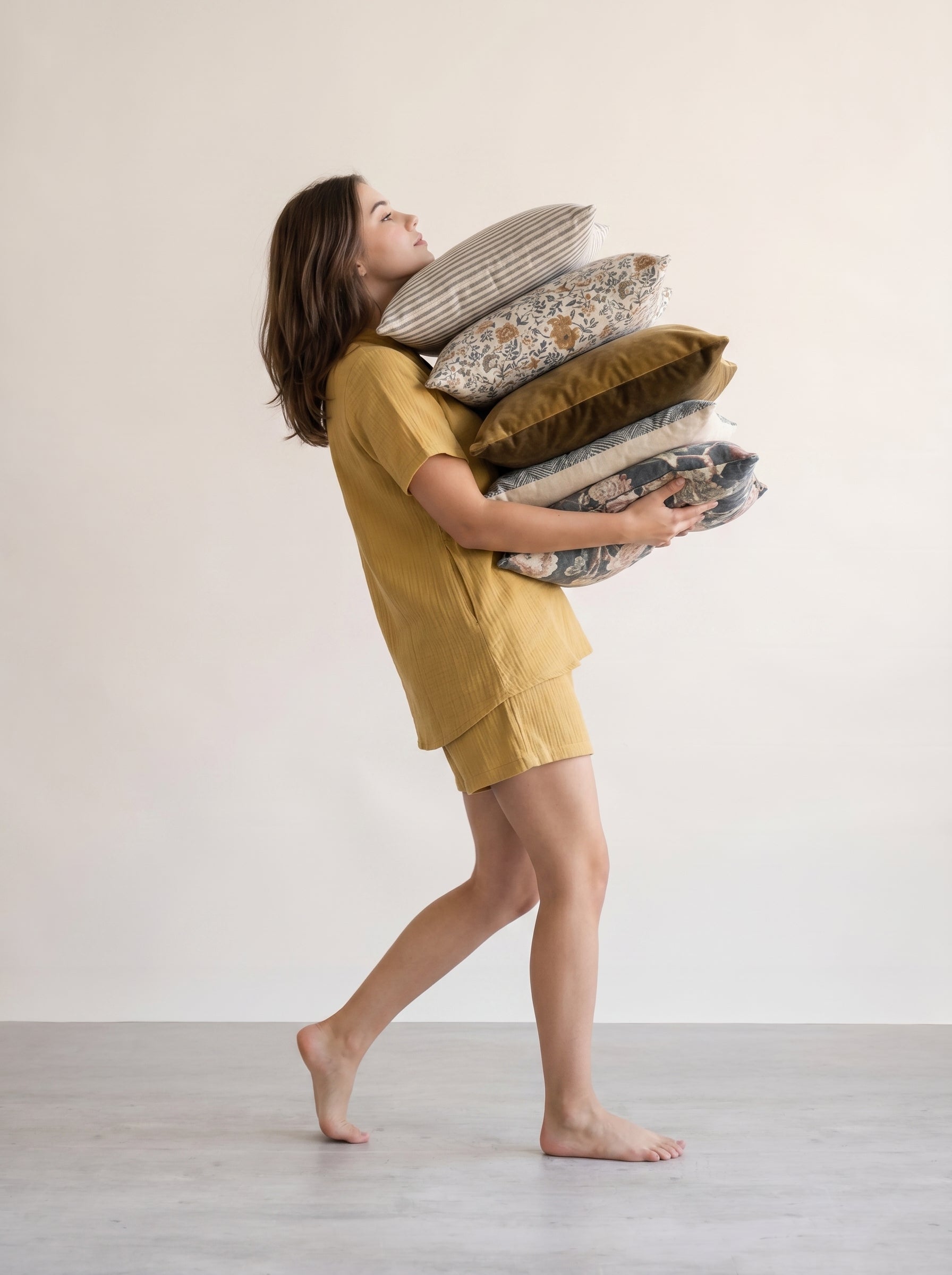 Yellow V-Neck Solid Pure Cotton Lounge set For Women
