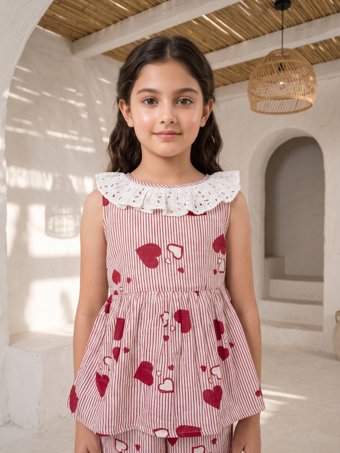 Red Round Neck Stripes Print Cotton Blend Night Suit For Kids