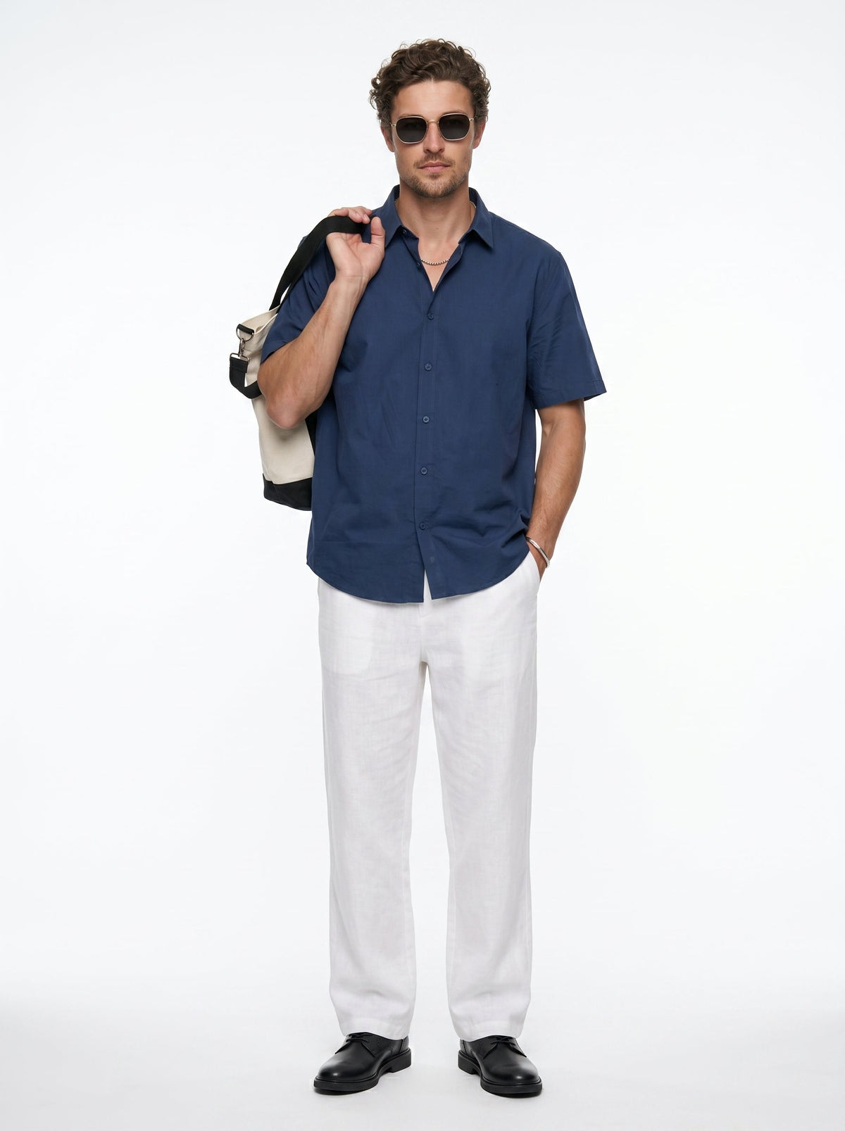 Blue Solid Band Collar Casual Cotton Shirt For Men