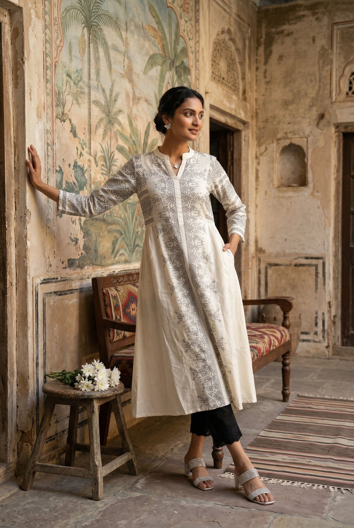 Off White Abstract Print Mandarin Collar Pure Cotton Kurta Set For Women