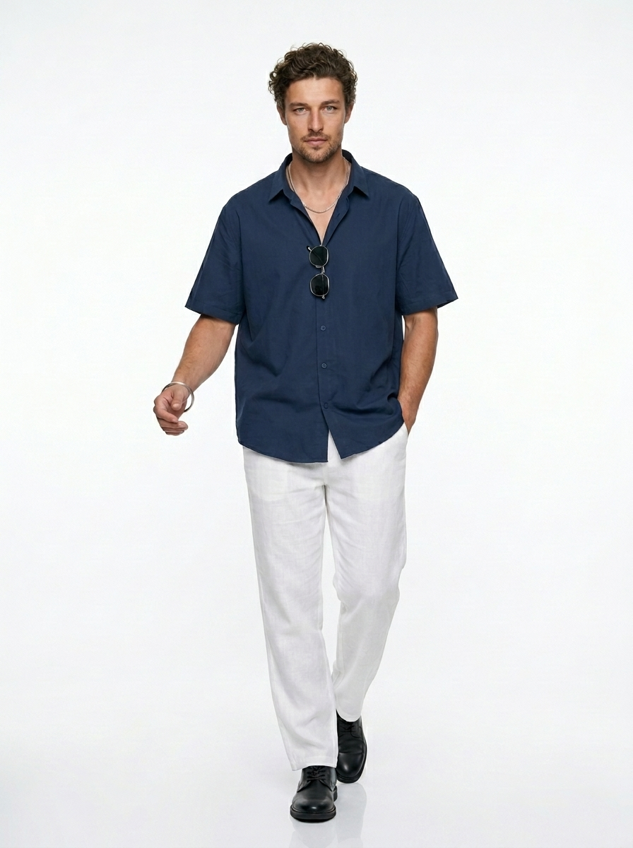 Blue Solid Band Collar Casual Cotton Shirt For Men