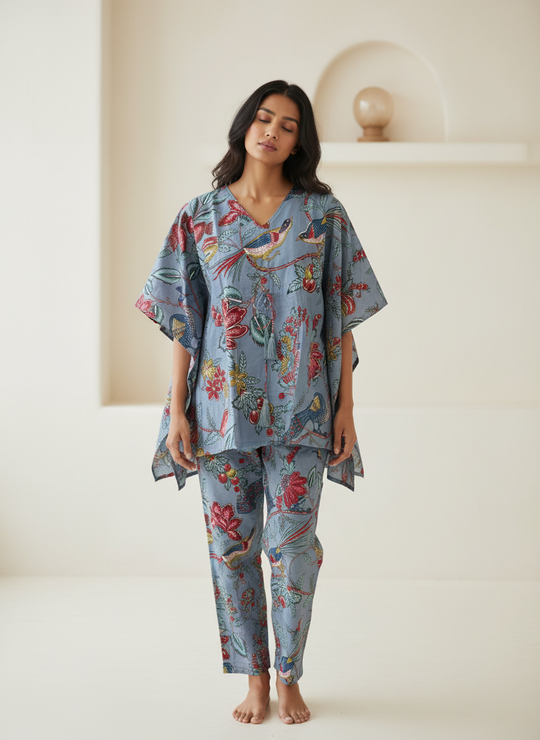 Beige Floral Printed V-Neck Night Suit Set